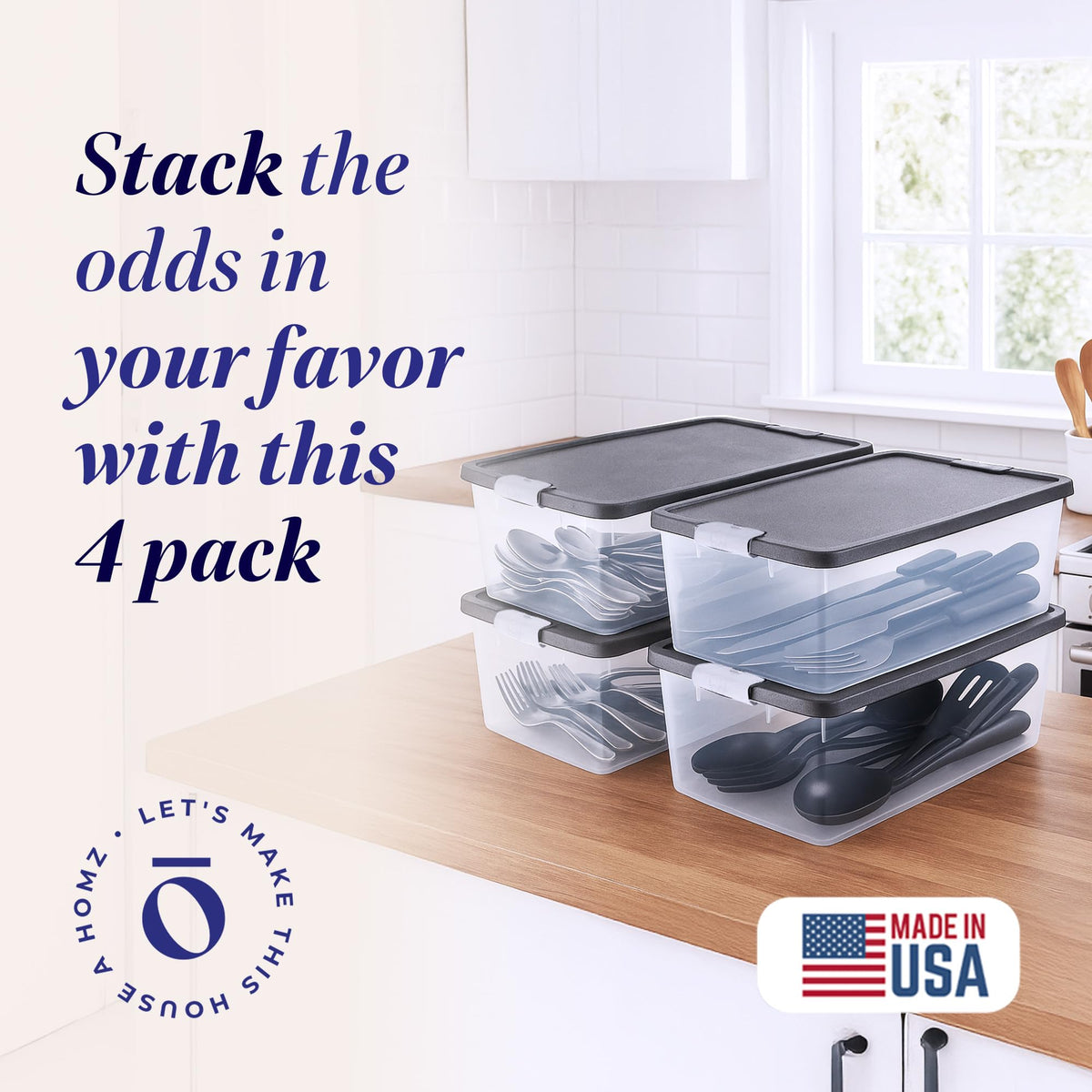 HOMZ 15-quart clear storage bin showing contents for quick finds.