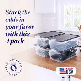 HOMZ 15-quart clear storage bin showing contents for quick finds.