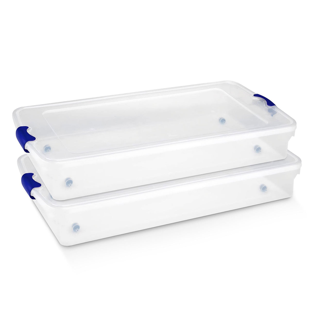 HOMZ 2-pack under-bed clear bin with blue latch for clutter-free storage