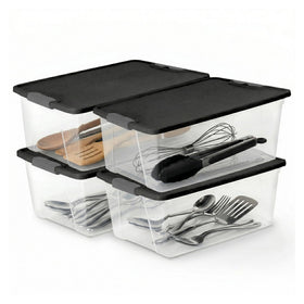 HOMZ 4-pack secure latch bins with tight lids for dust protection.