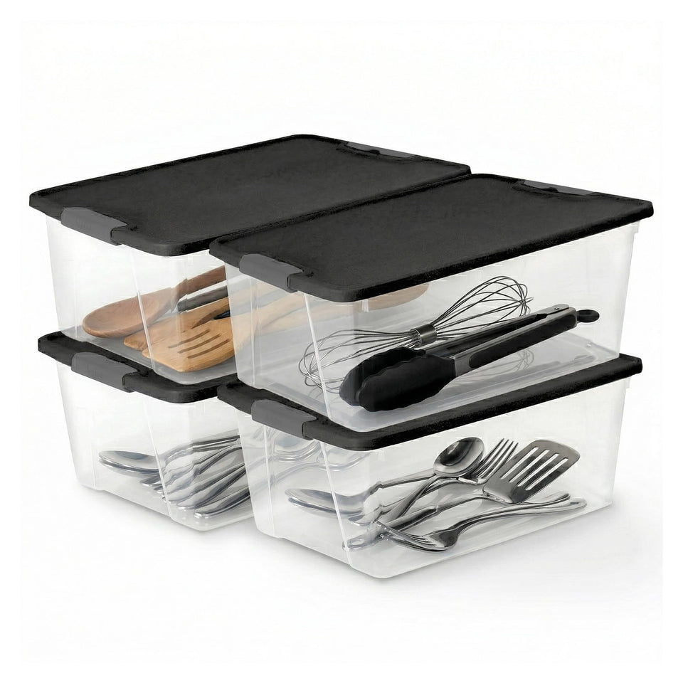 HOMZ 4-pack secure latch bins with tight lids for dust protection.