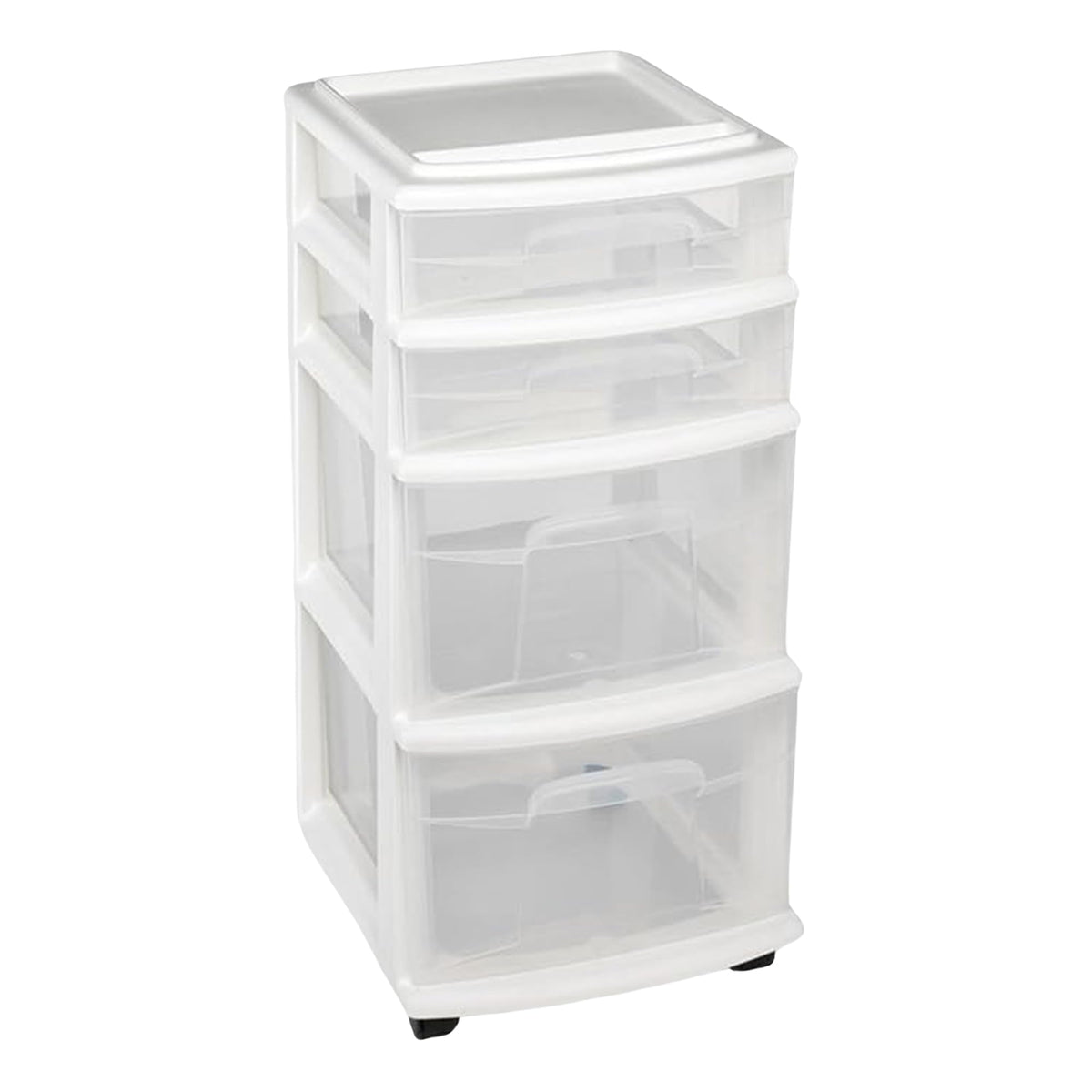 HOMZ Drawer Tower with four clear drawers for quick, visible storage.
