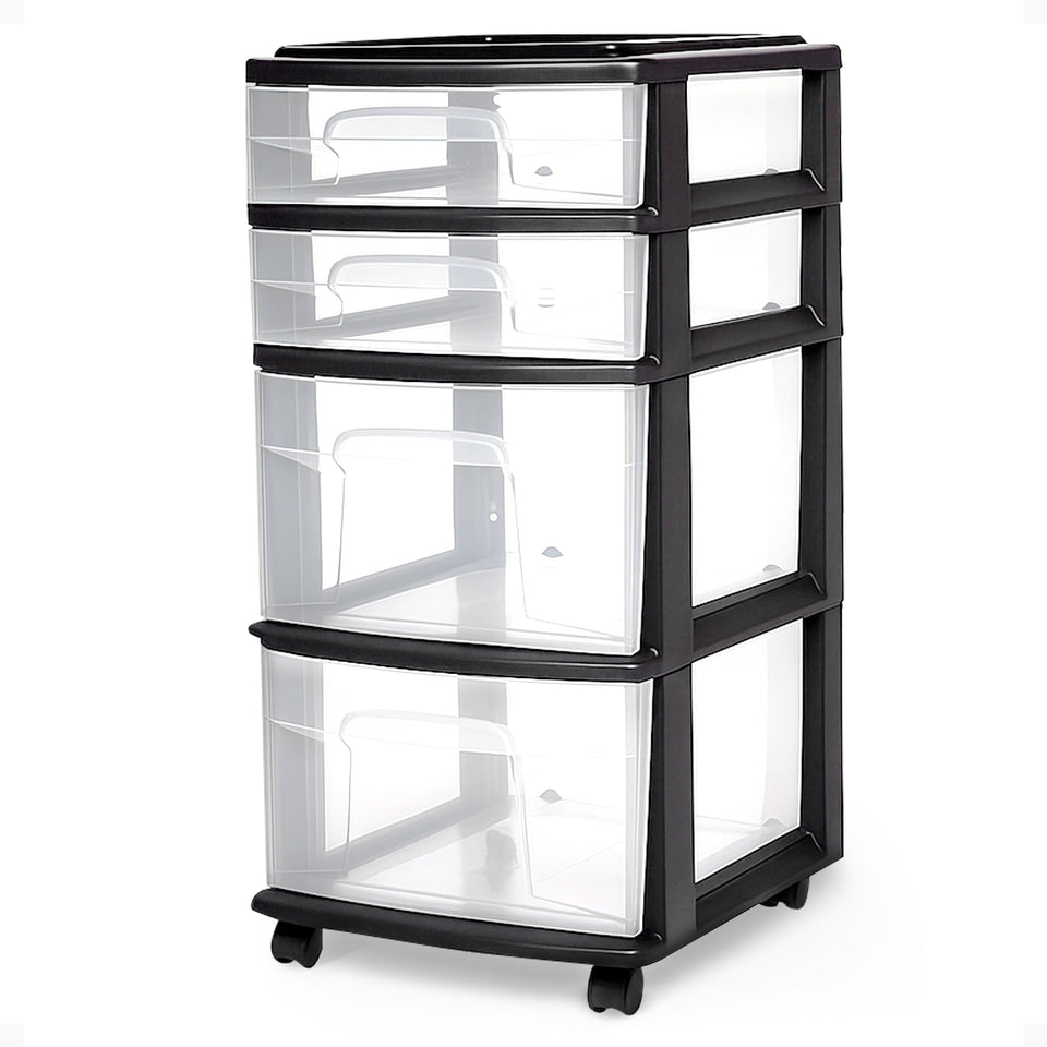 HOMZ Drawer Tower with four clear drawers for intuitive, at-a-glance storage.