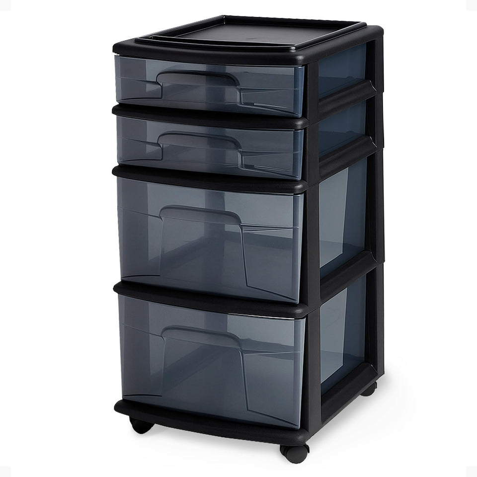 HOMZ Drawer Tower with four clear drawers visible for easy visibility and organization.