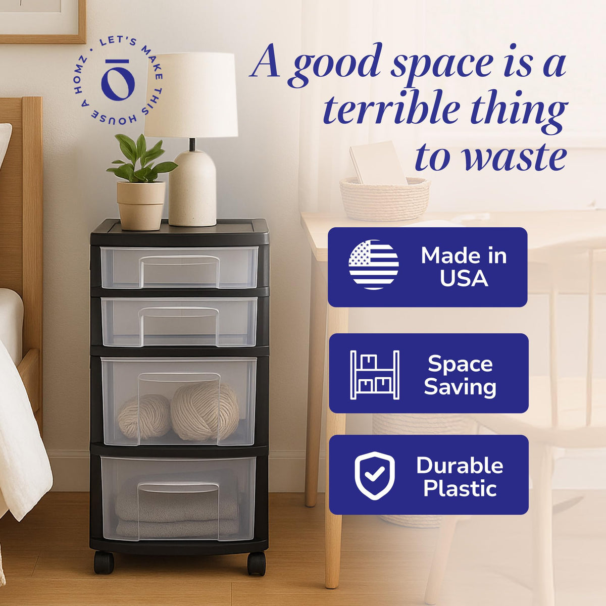 HOMZ Drawer Tower used in bathroom for compact storage of essentials.