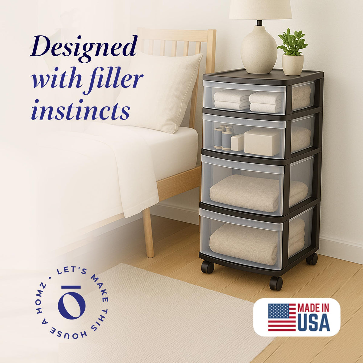 HOMZ Drawer Tower with black frame offers sturdy, stylish organization.