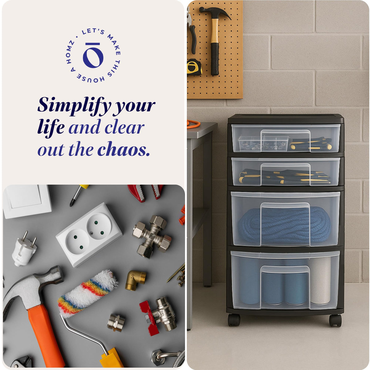 HOMZ Drawer Tower storing office supplies in a tidy workspace.