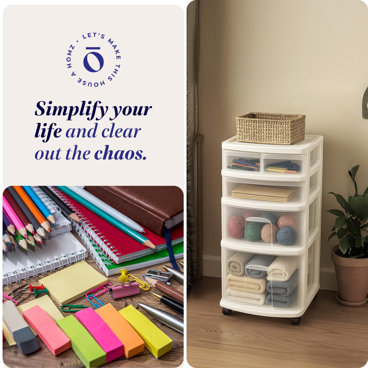 HOMZ Office storage tower helps organize supplies while saving desk space.