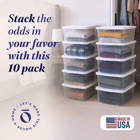 HOMZ Snaplock 6-quart bin stacked neatly in a closet saves vertical space.