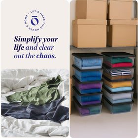HOMZ stackable containers maximizing vertical storage in closets.