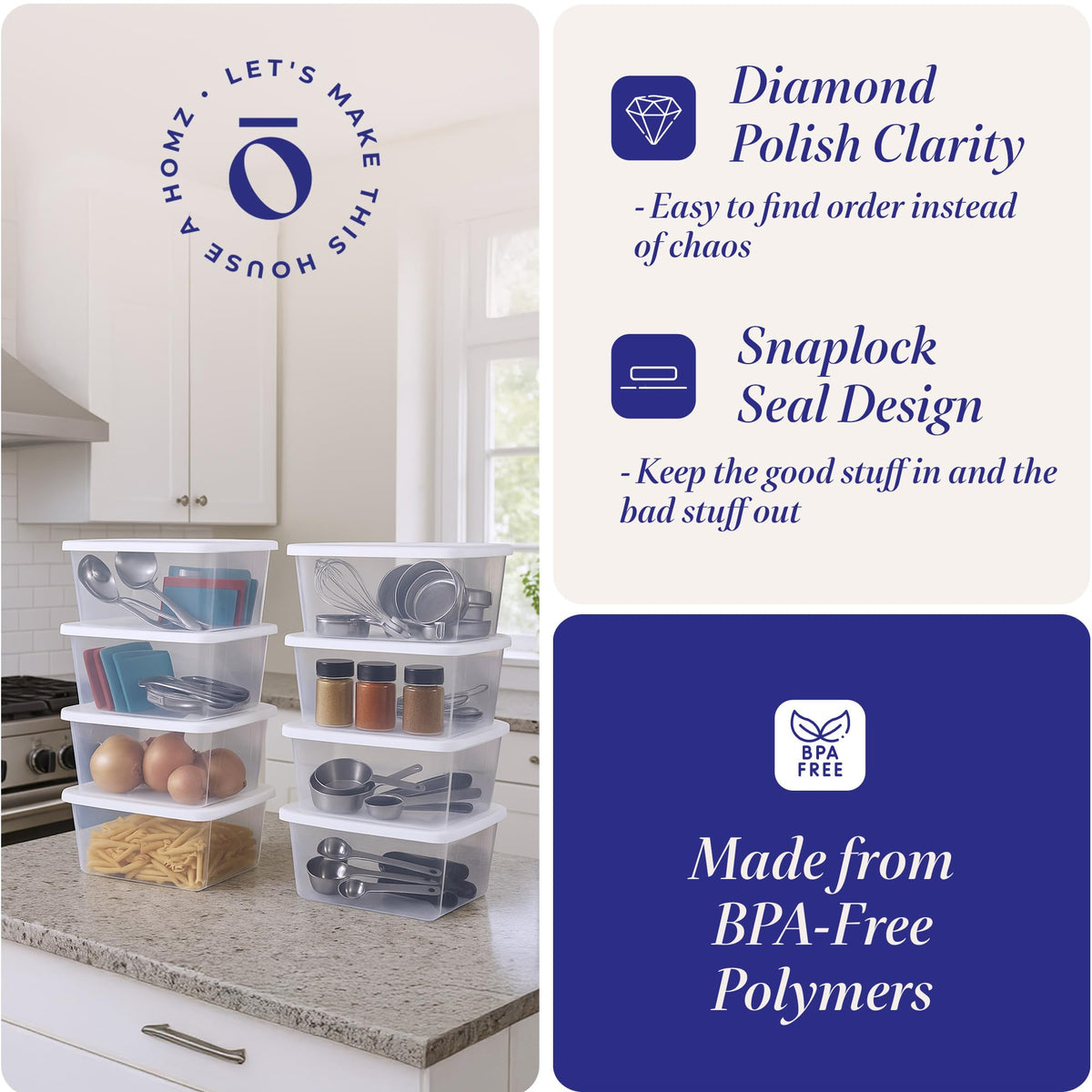 HOMZ Snaplock clear bin in bathroom organizes small toiletries.