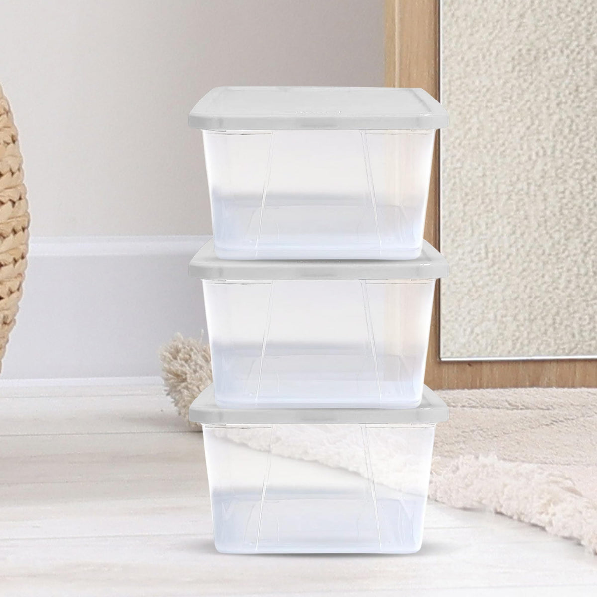 HOMZ Snaplock stackable bin maximizes closet and shelf space.