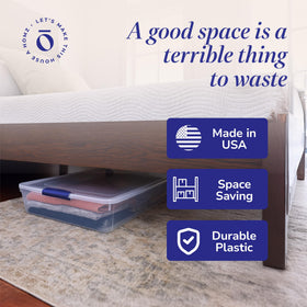 HOMZ stackable under-bed bin with blue latch for organization