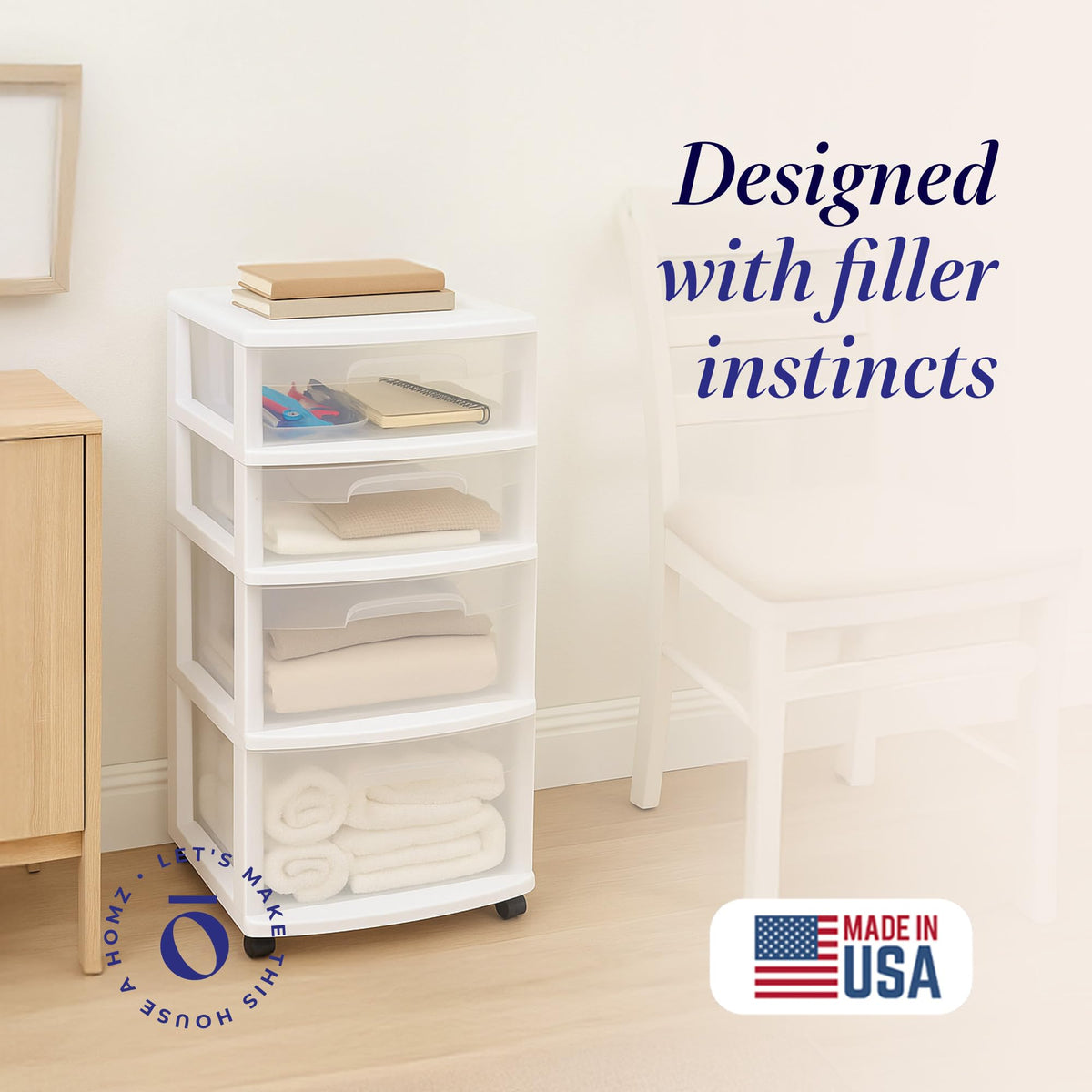 HOMZ White frame rolling cart offers mobile organization in any room.