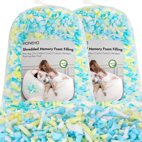 HONEHO 10lbs shredded memory foam bag filler close-up shows soft, durable filling for comfort.