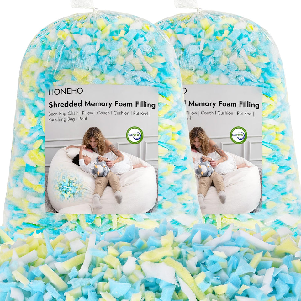 HONEHO 10lbs shredded memory foam bag filler close-up shows soft, durable filling for comfort.