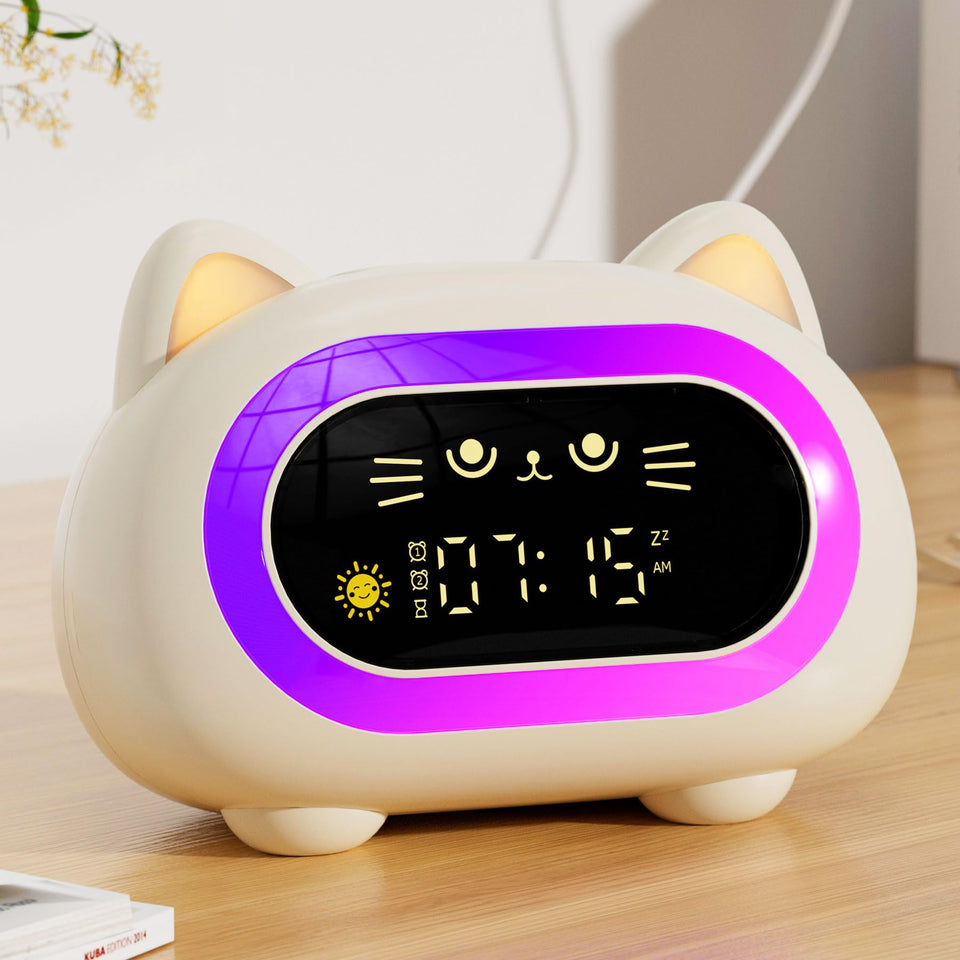 Honesorn alarm clock with cat-face design for kids guiding morning routines