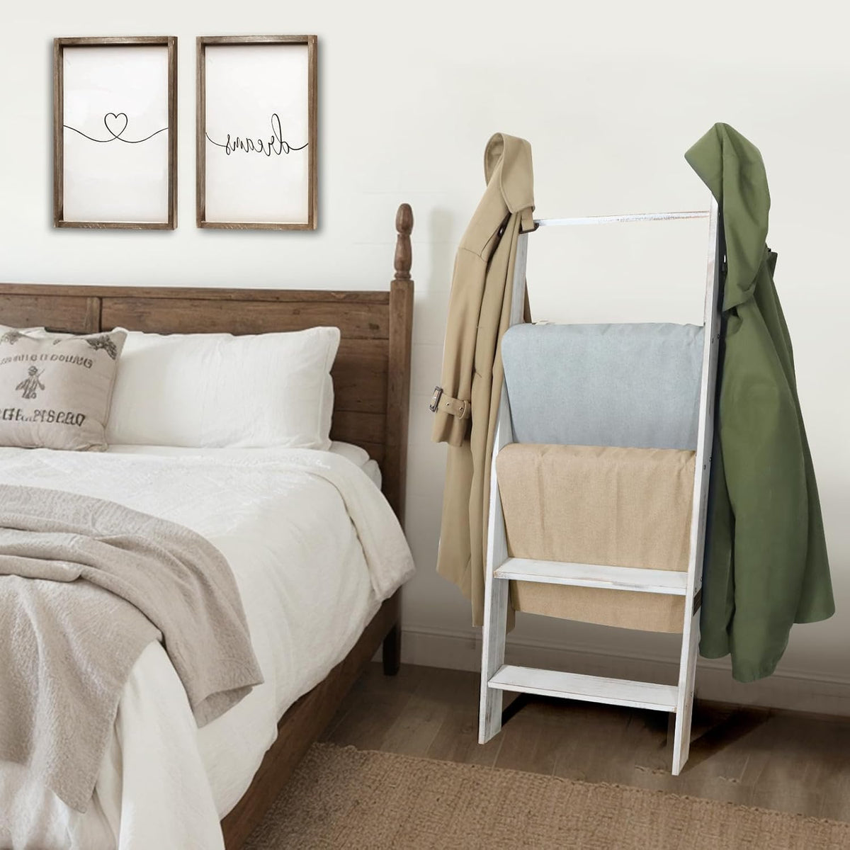 Honest Outfitters blanket ladder with quilts on display for decorative storage