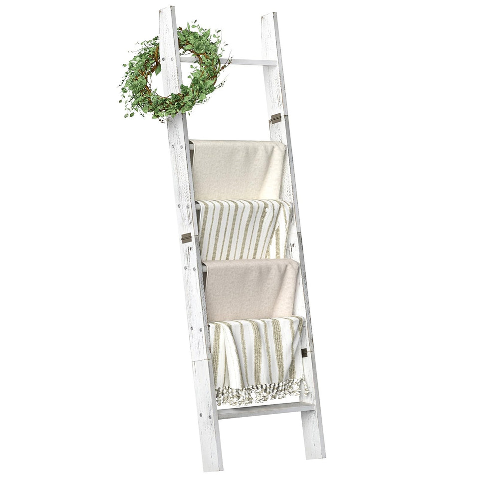 Honest Outfitters blanket ladder, six-tier rack, ideal for organizing blankets in living room.