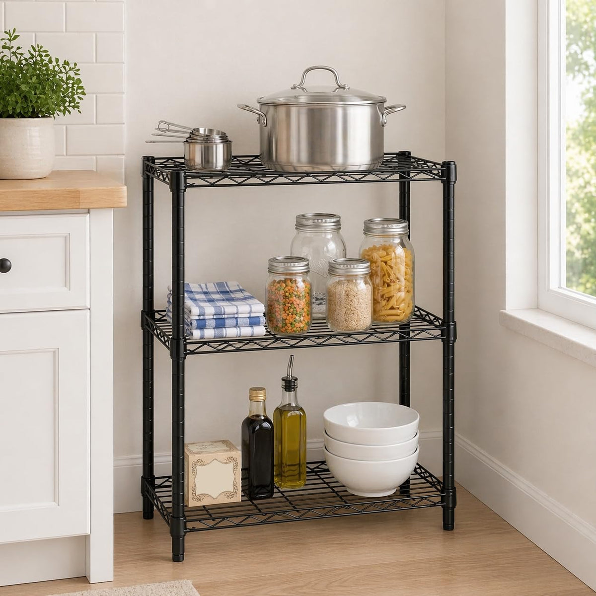 Honey-Can-Do shelving demonstrates adjustable shelves for tall or compact items.