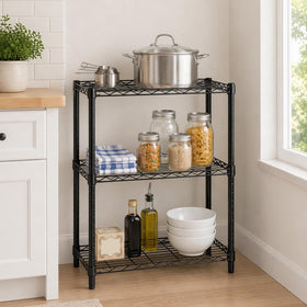 Honey-Can-Do shelving demonstrates adjustable shelves for tall or compact items.