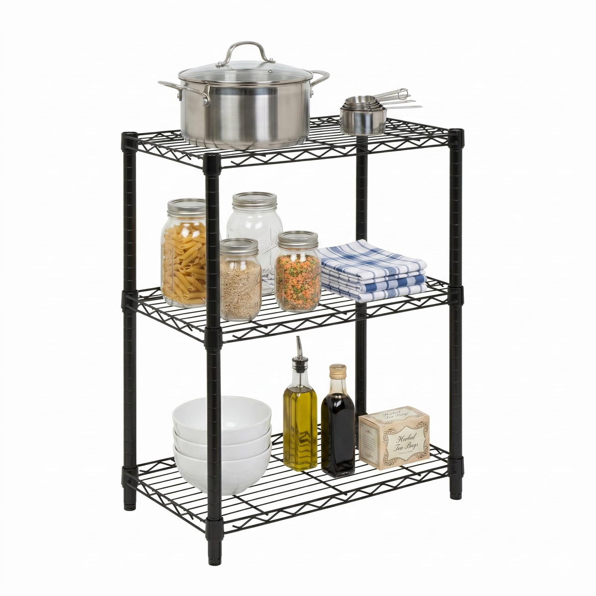 Honey-Can-Do 3-Tier shelving assembly shows sturdy steel frame and tool-free setup.