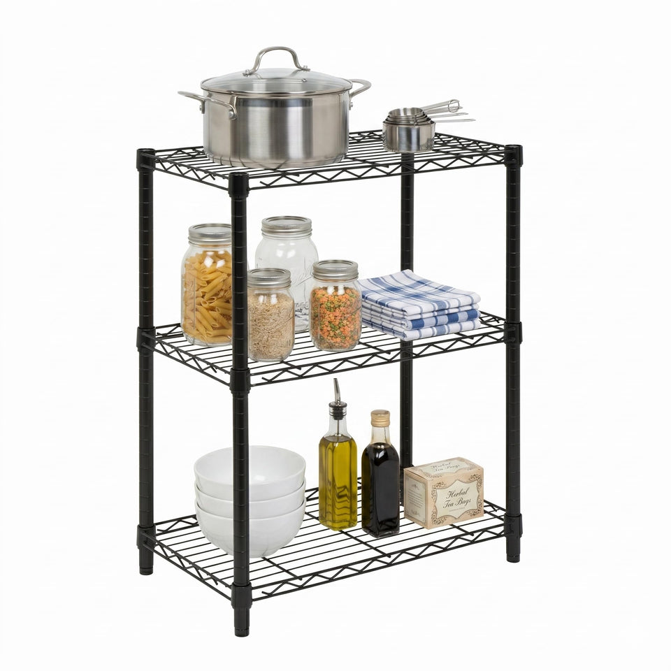 Honey-Can-Do 3-Tier shelving assembly shows sturdy steel frame and tool-free setup.