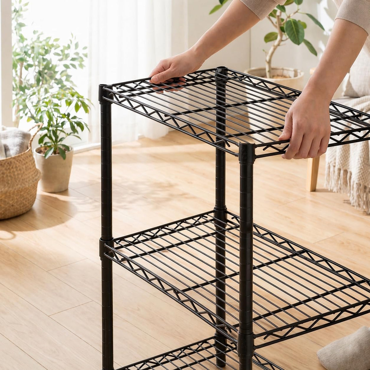 Honey-Can-Do shelving with leveling feet stays stable on uneven floors.