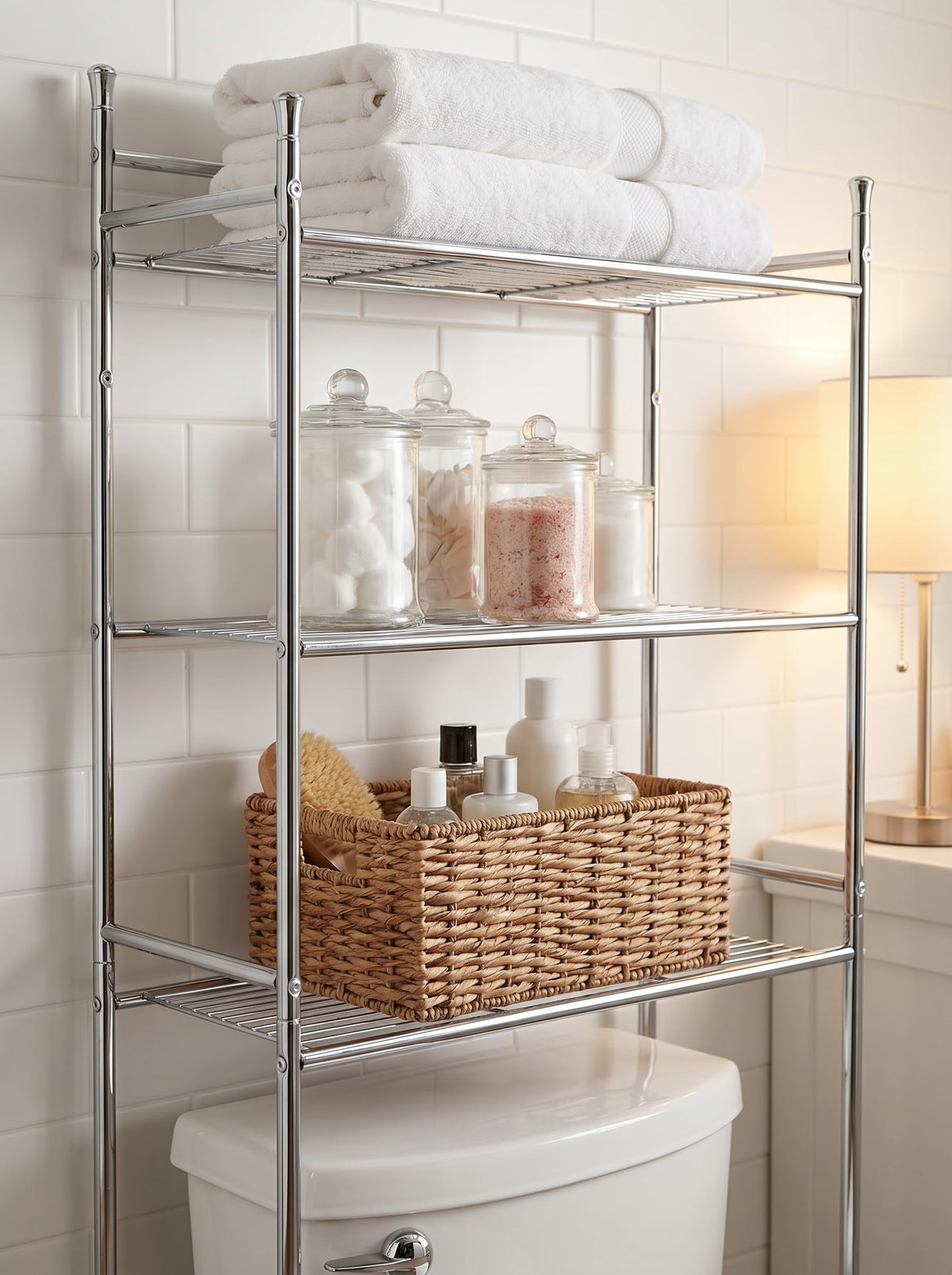 Honey-Can-Do adjustable shelves adapt to tall bottles or towels