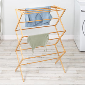 Honey-Can-Do bamboo drying rack extended with multiple tiers for ample air-drying space