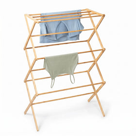 Honey-Can-Do collapsible bamboo drying rack folded for compact storage in small spaces
