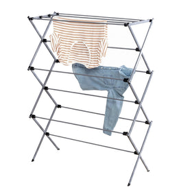 Honey-Can-Do collapsible drying rack extended for indoor and outdoor drying.