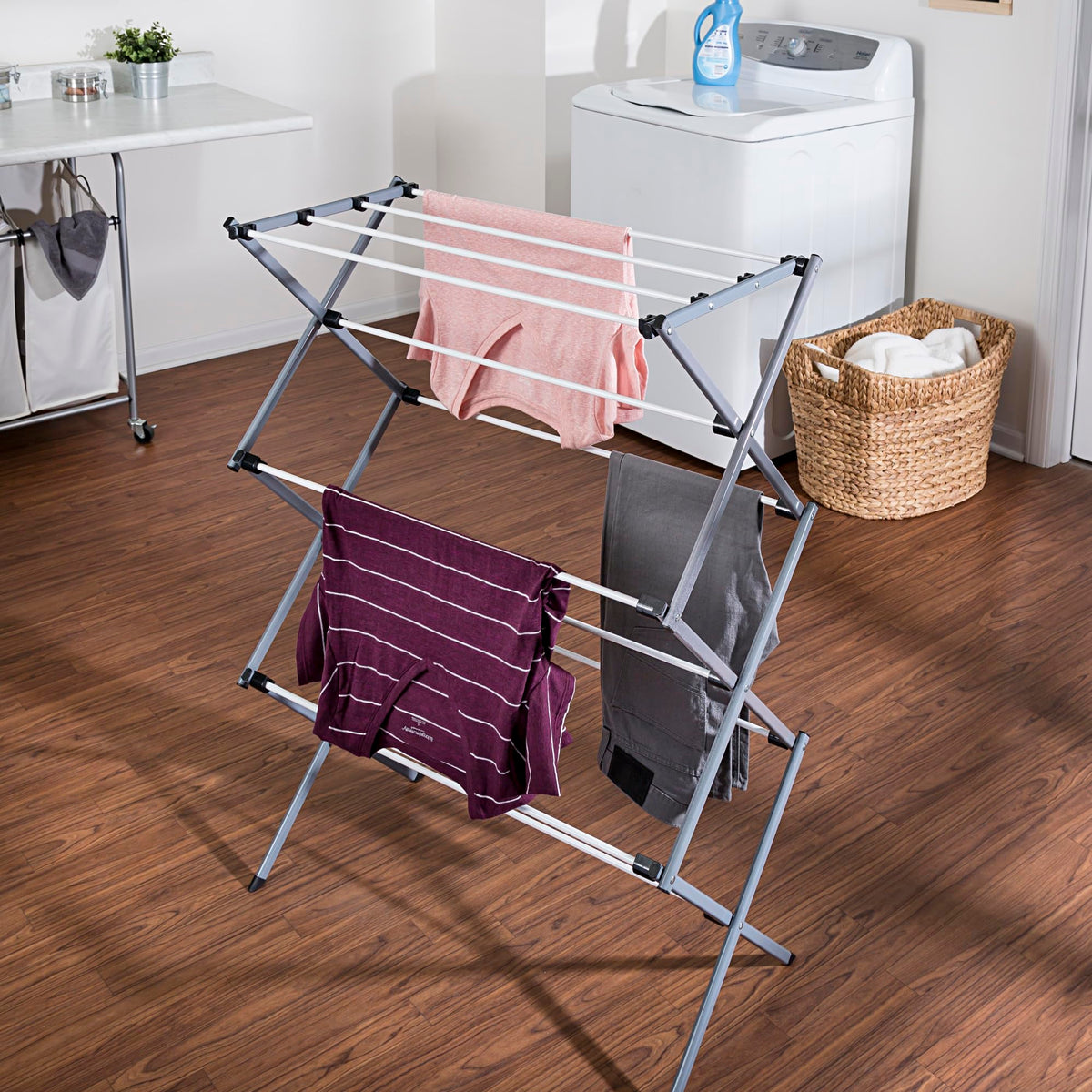 Honey-Can-Do deluxe rack folded flat for compact storage in small spaces