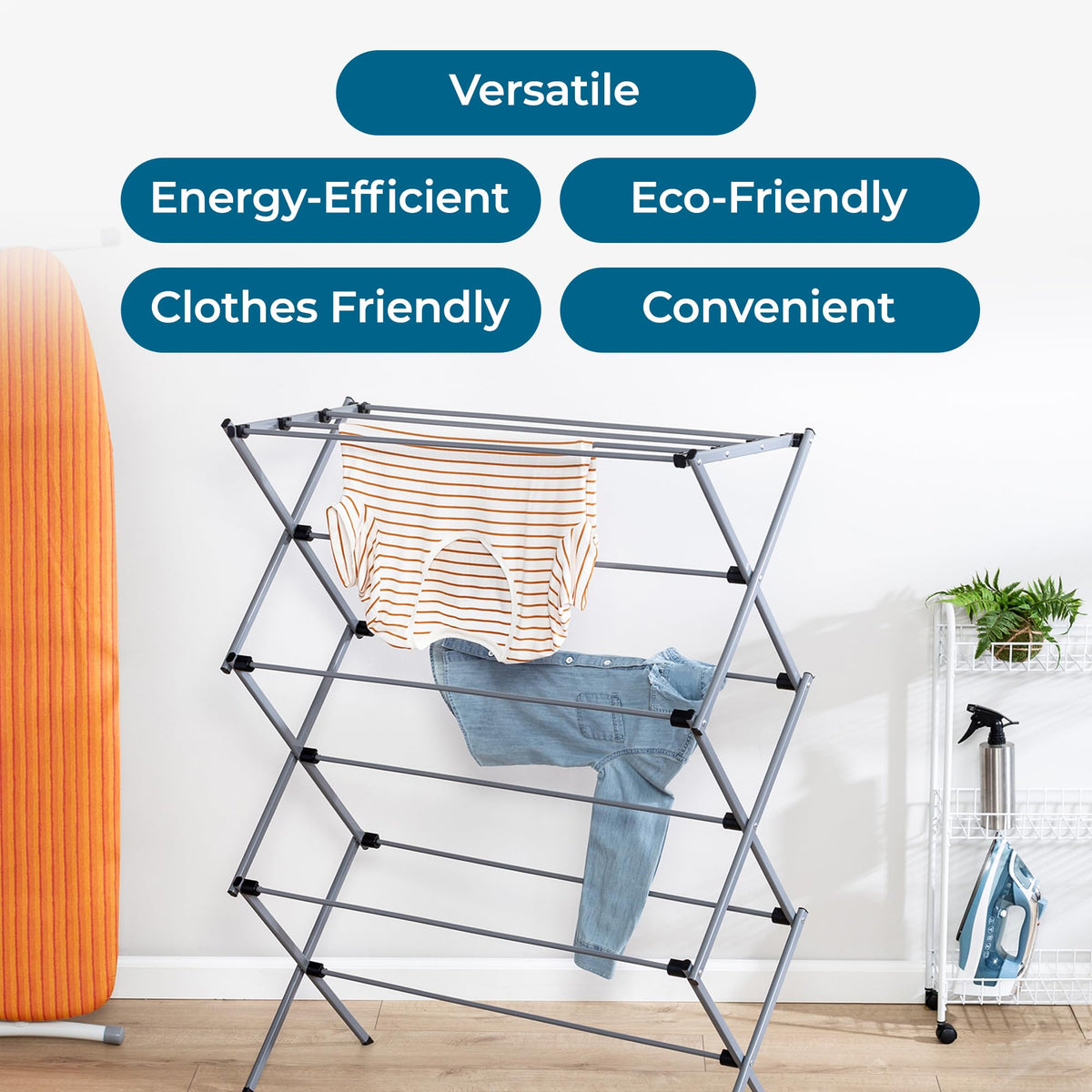 Honey-Can-Do drying rack indoors in a tidy laundry room setup.