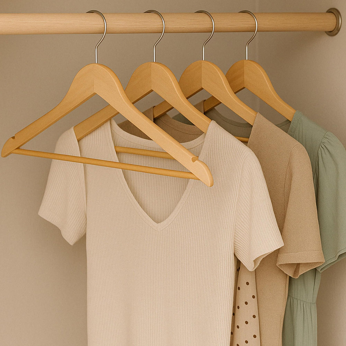 Honey-Can-Do maple wood hanger with contoured shoulders protects garment shape.