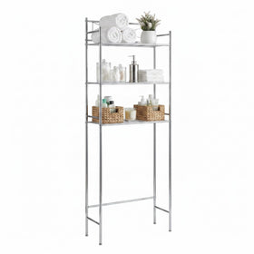 Honey-Can-Do over-toilet shelf front view storing towels and decor