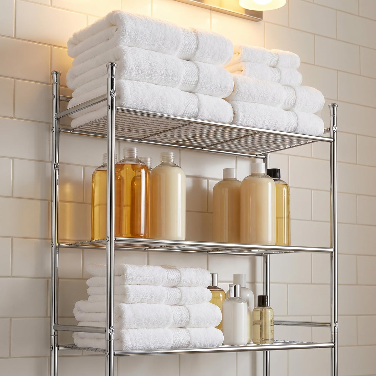 Honey-Can-Do moisture-resistant chrome rack for busy bathrooms