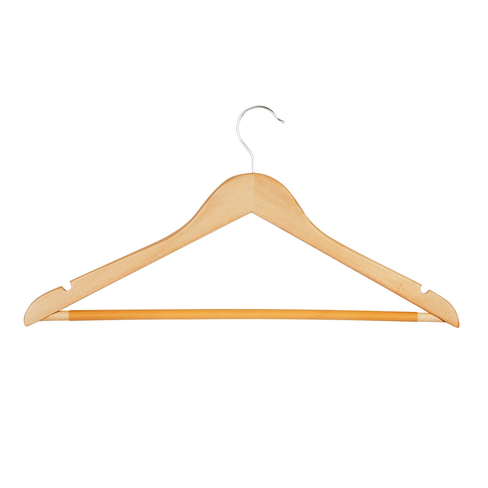 Honey-Can-Do maple wood hanger with non-slip bar for crease-free shirts.