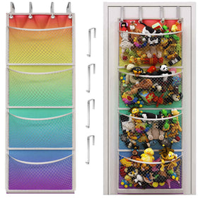 Honeyera original over-door stuffed animal organizer in rainbow keeps toys neatly accessible