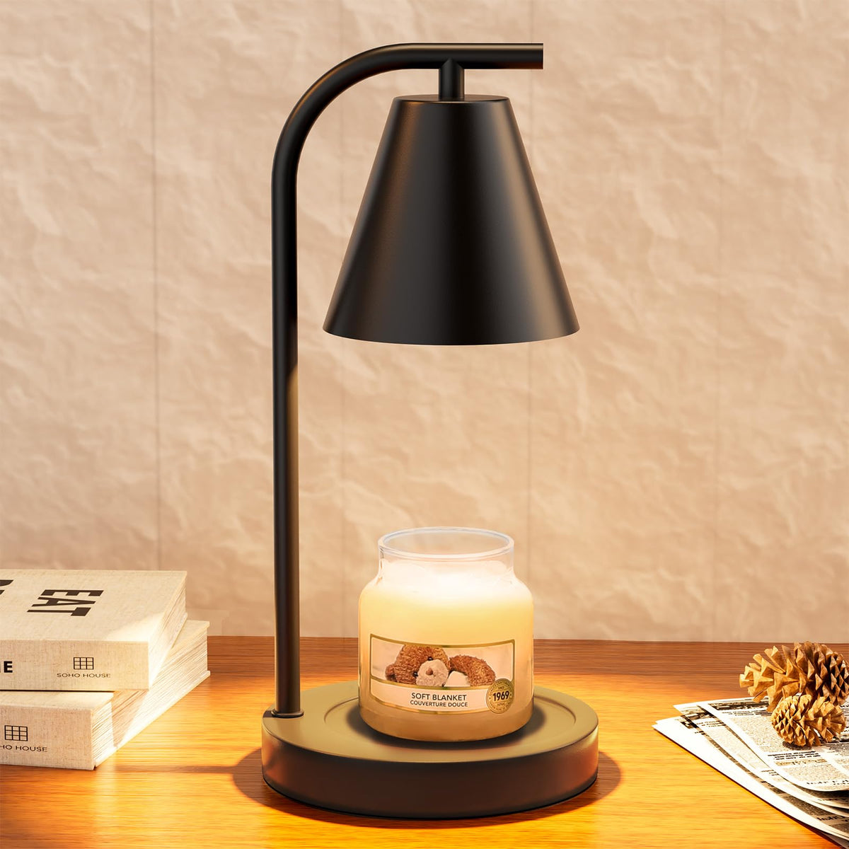 Hong-in candle warmer lamp with timer and dimmer in use to diffuse aroma safely.