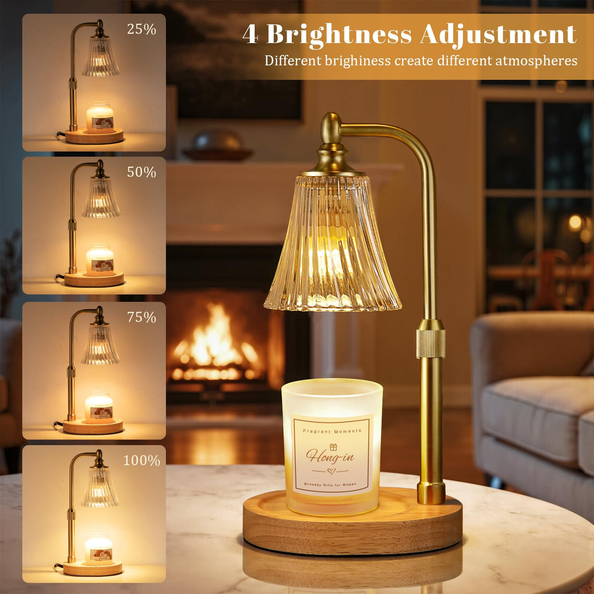 Clear glass shade on the Hong-in warmer emits a warm, cozy glow.