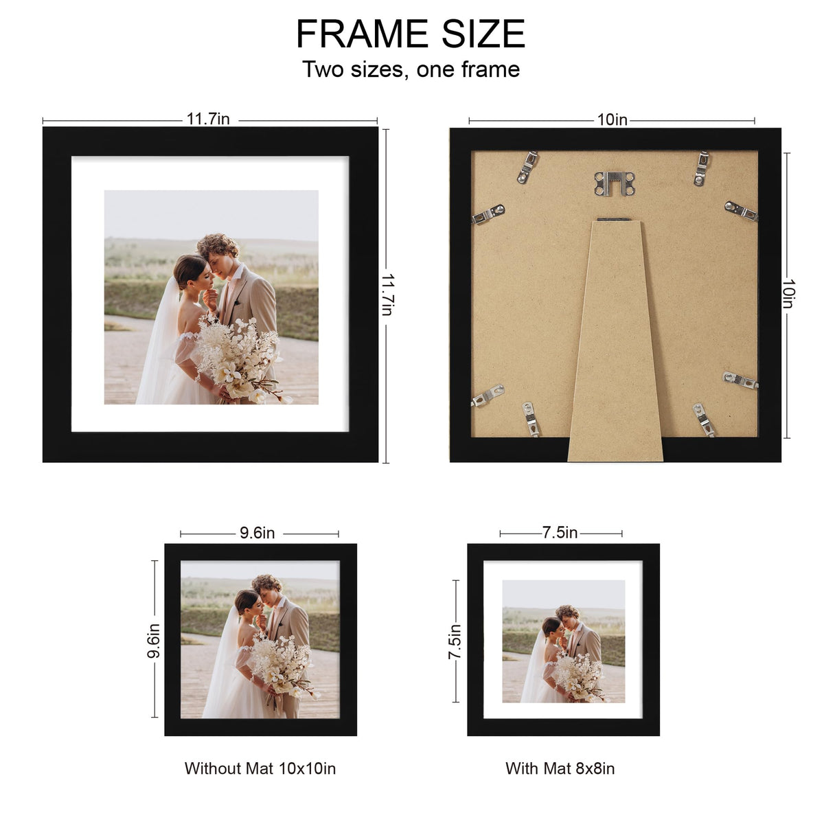 Hongkee frame showing 8x8 photo with mat, versatile two-size option.