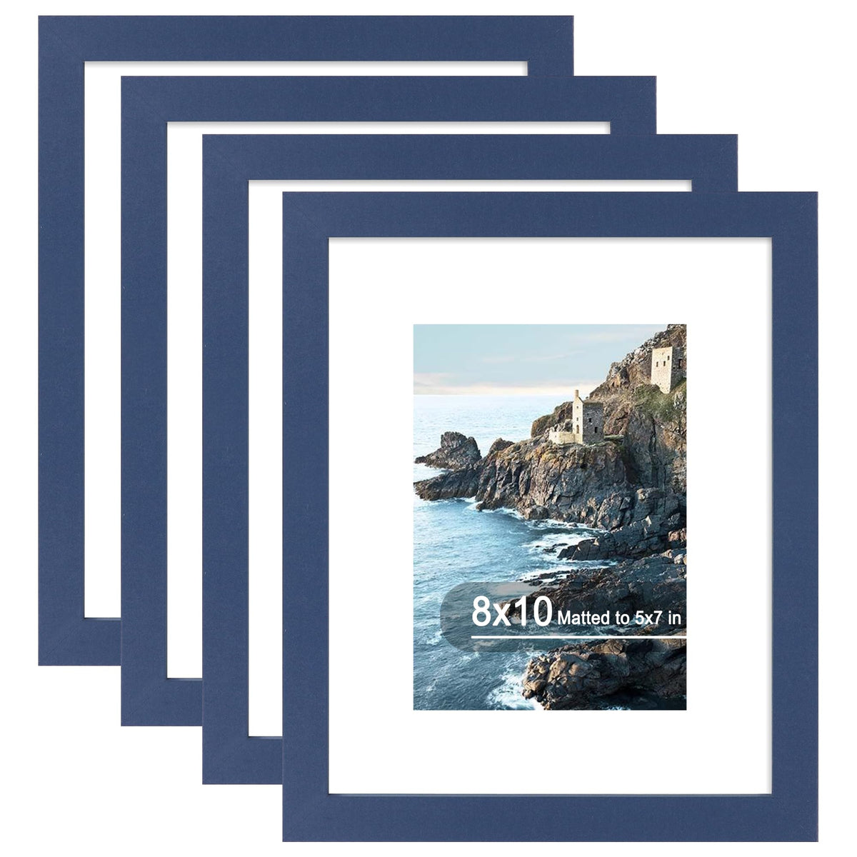 Hongkee 8x10 blue frame front view with glass for a clear photo display.