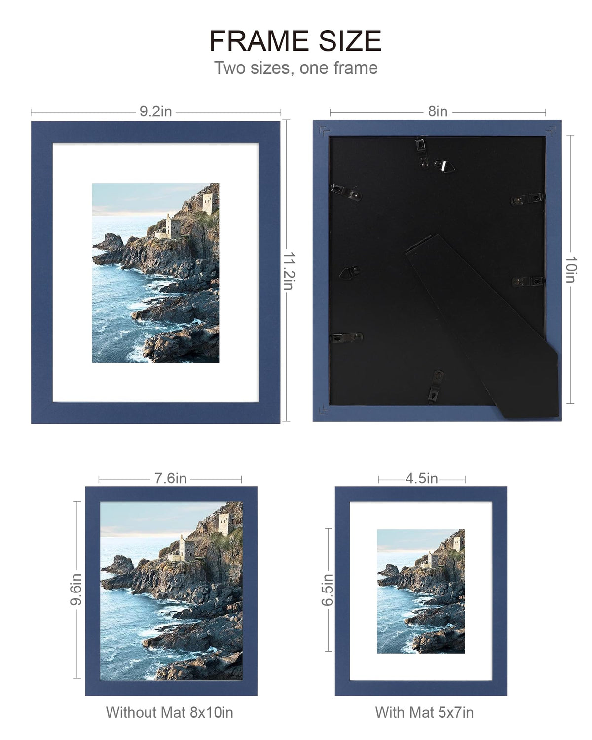 Hongkee blue frame with mat showing a 5x7 photo option for two-size versatility.