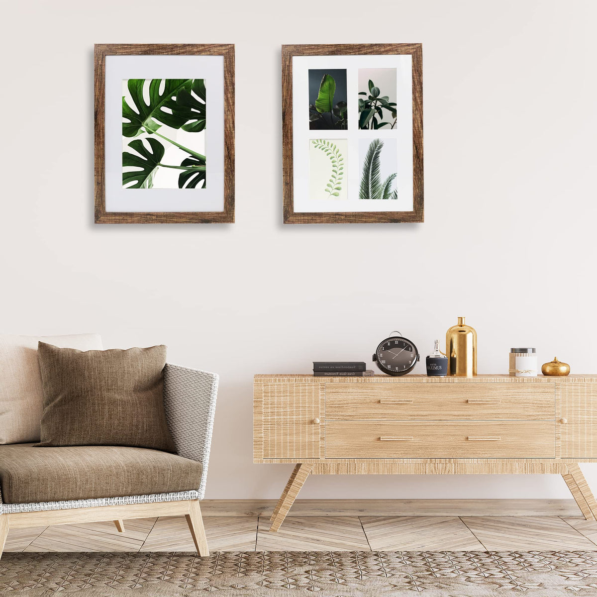 Hongkee rustic brown wood frame close up with clear glass.