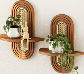 Hongsane floating shelves in walnut with rattan accents for plants and photos