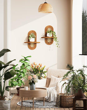 Hongsane boho wall shelves on walnut-toned wall with decor items