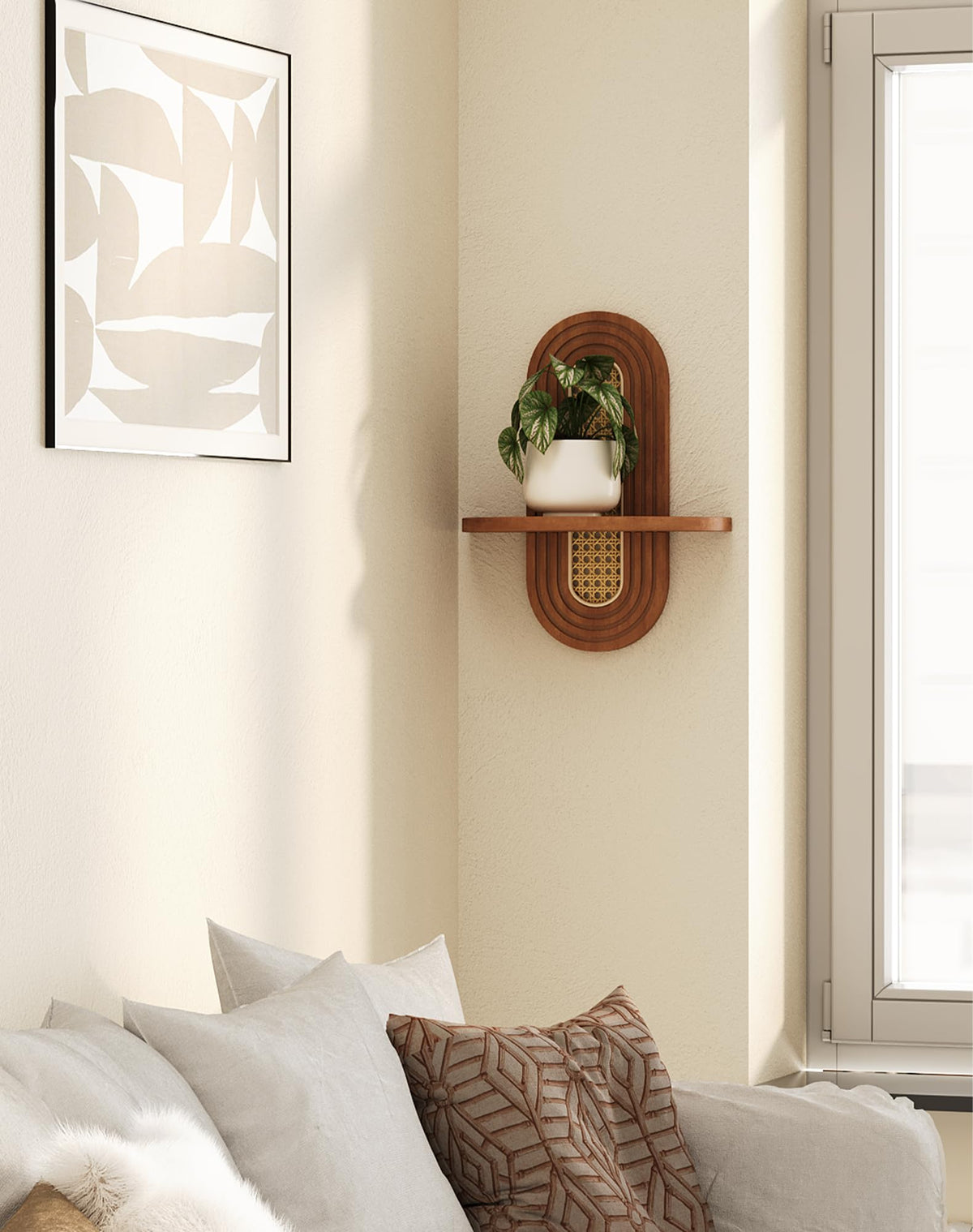 Hongsane walnut shelf pair adding texture to living room wall