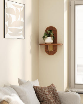 Hongsane walnut shelf pair adding texture to living room wall