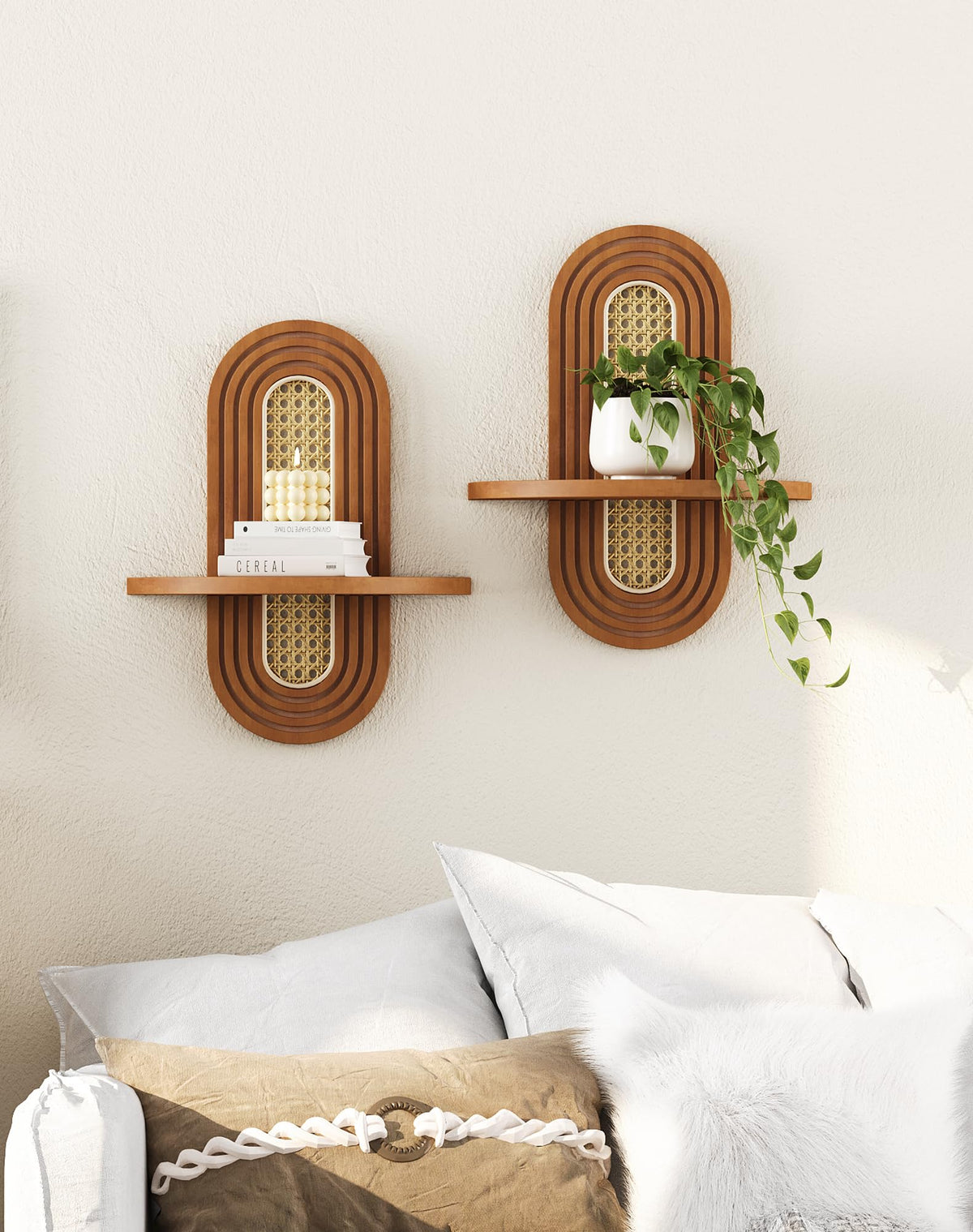 Hongsane set of 2 shelves blending pine and rattan for styling